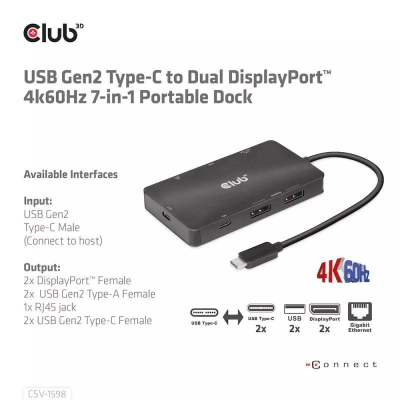 CLUB3D USB Gen2 Type-C do Dual DisplayPort 4k60Hz 7-w-1 HUB