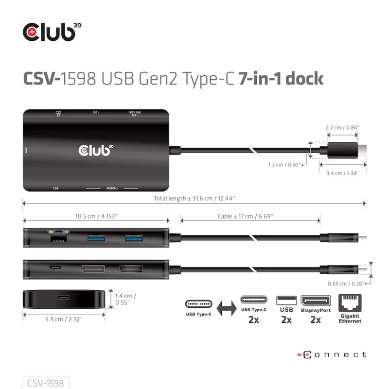 CLUB3D USB Gen2 Type-C do Dual DisplayPort 4k60Hz 7-w-1 HUB