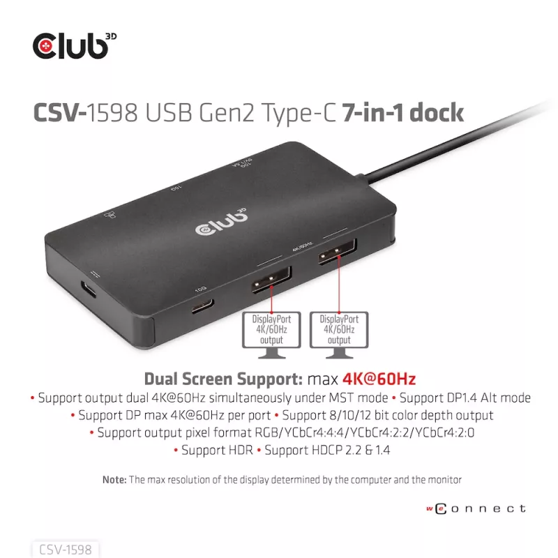 CLUB3D USB Gen2 Type-C do Dual DisplayPort 4k60Hz 7-w-1 HUB