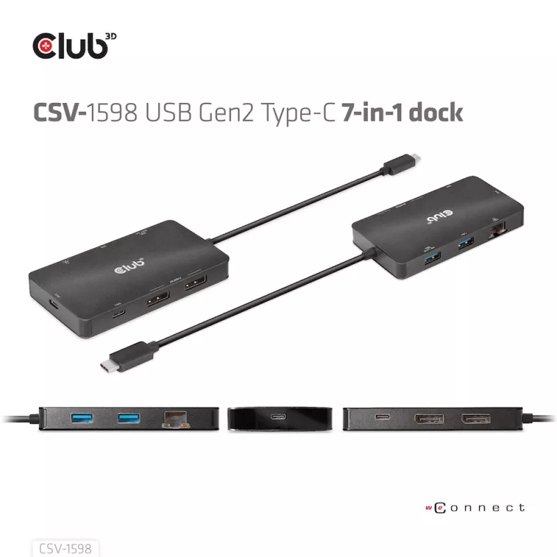 CLUB3D USB Gen2 Type-C do Dual DisplayPort 4k60Hz 7-w-1 HUB