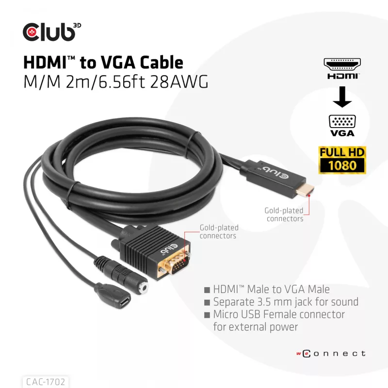 CLUB3D Kabel HDMI do VGA M/M 2m/6,56ft 28AWG