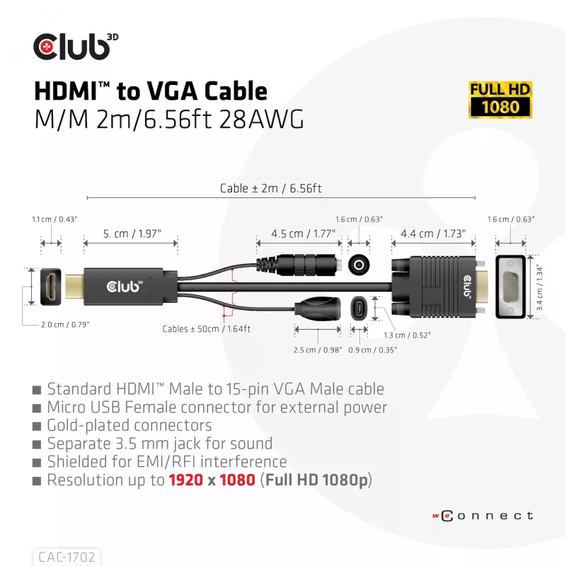 CLUB3D Kabel HDMI do VGA M/M 2m/6,56ft 28AWG