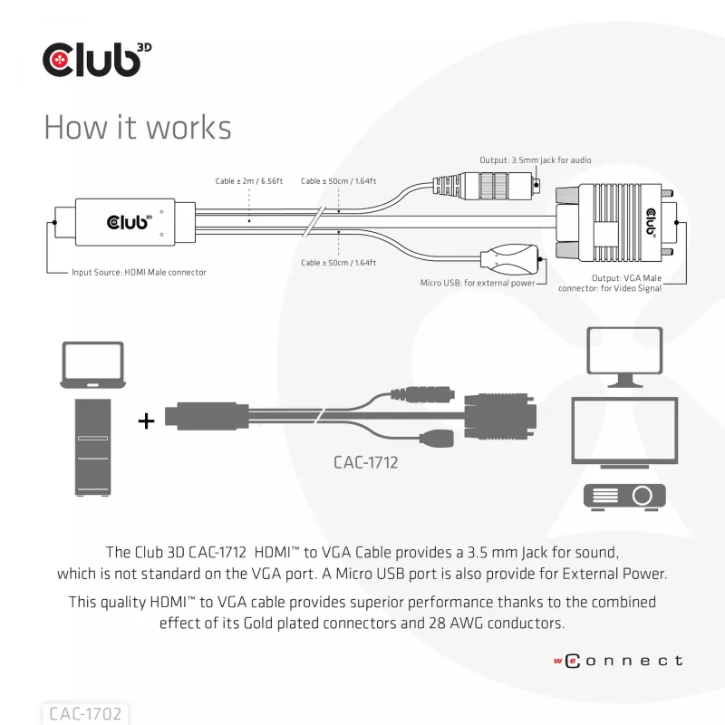 CLUB3D Kabel HDMI do VGA M/M 2m/6,56ft 28AWG