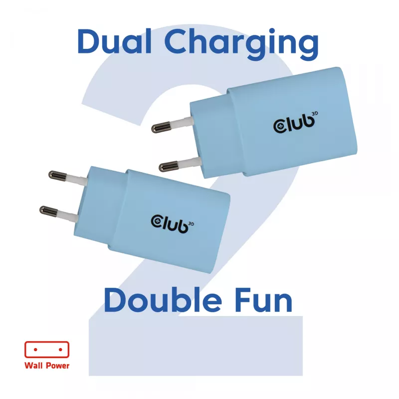 CLUB3D 2-Pack USB C Charger 30 Watt Whit, Indoor, AC, niebieski