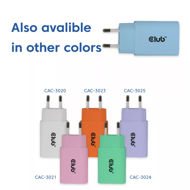 CLUB3D 2-Pack USB C Charger 30 Watt Whit, Indoor, AC, niebieski