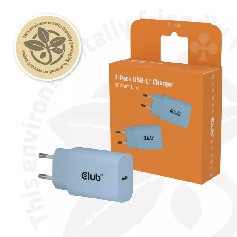 CLUB3D 2-Pack USB C Charger 30 Watt Whit, Indoor, AC, niebieski