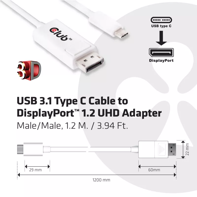 CLUB3D USB 3.1 Type C kabel to DisplayPort 1.2 UHD Adapter