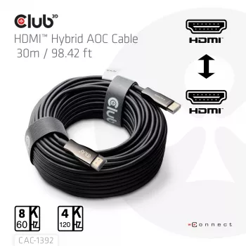 CLUB3D kabel hybrydowy AOC HDMI™ 8K60Hz/4K120Hz 30 m / 98,42 stopy, 30 m, HDMI Typ A (Standard), HDMI Typ A (Standard), 48 Gbit/s, Czarny