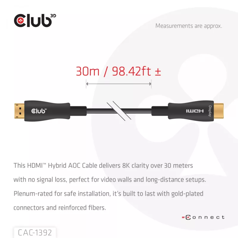 CLUB3D kabel hybrydowy AOC HDMI™ 8K60Hz/4K120Hz 30 m / 98,42 stopy, 30 m, HDMI Typ A (Standard), HDMI Typ A (Standard), 48 Gbit/s, Czarny