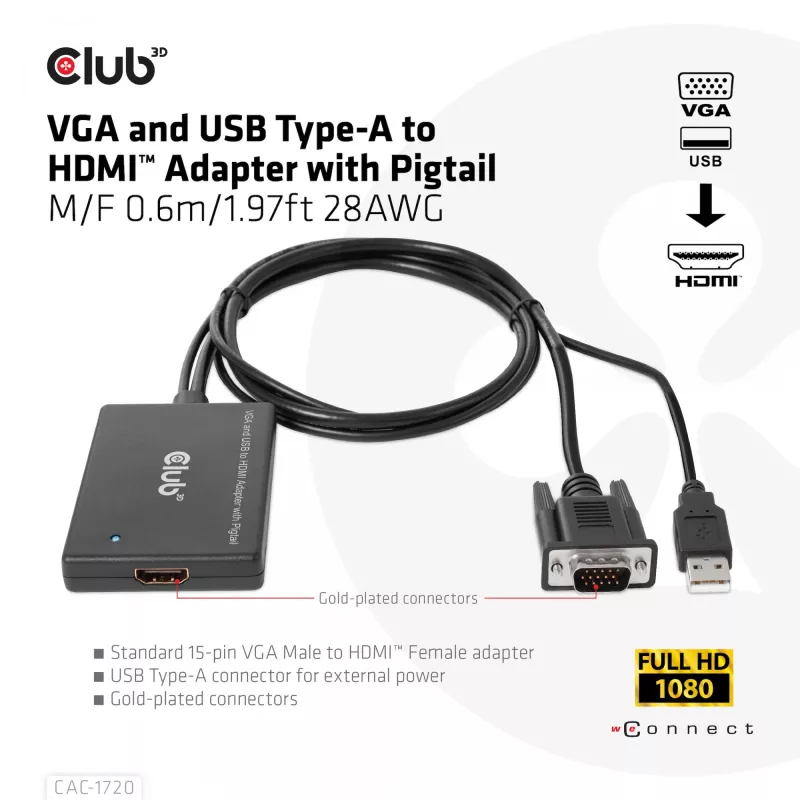 CLUB3D Adapter VGA i USB Type-A na HDMI z pigtailem M/F 0,6 m / 1,97 ft 28AWG