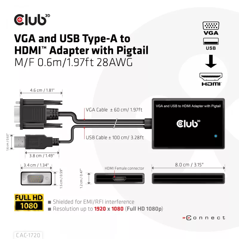 CLUB3D Adapter VGA i USB Type-A na HDMI z pigtailem M/F 0,6 m / 1,97 ft 28AWG