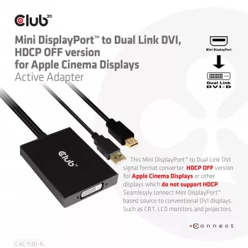 CLUB3D Mini DisplayPort na Dual Link DVI, wersja HDCP OFF dla wyświetlaczy Apple Cinema Active Adapter