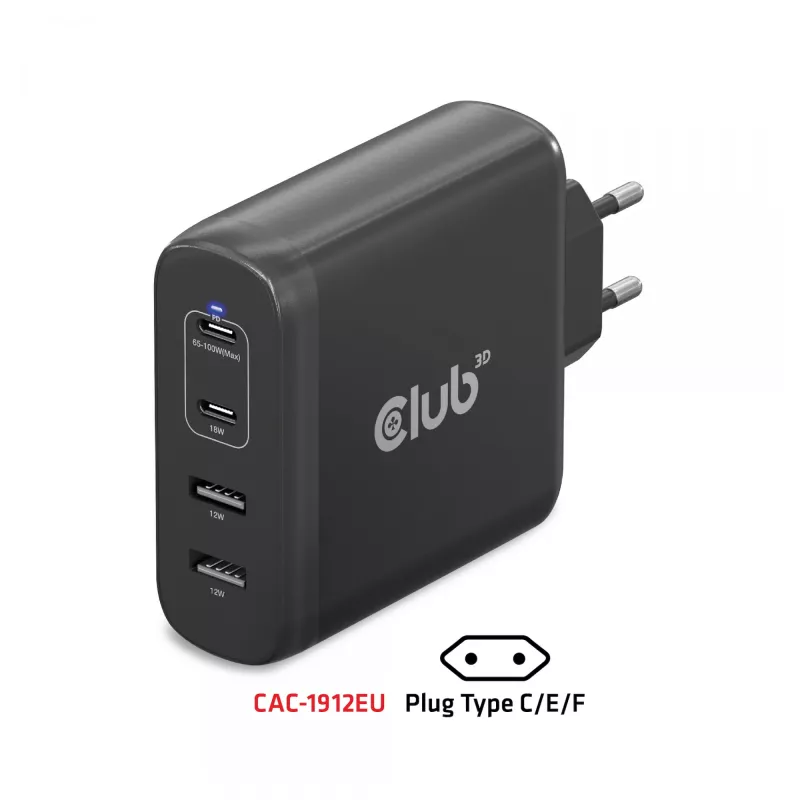 CLUB3D Travel Charger 100W technologia GaN, cztery porty USB Type-A (2x) i Type-C (2x), obsługa Power Delivery (PD) 3.0
