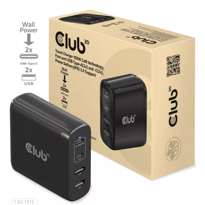 CLUB3D Travel Charger 100W technologia GaN, cztery porty USB Type-A (2x) i Type-C (2x), obsługa Power Delivery (PD) 3.0