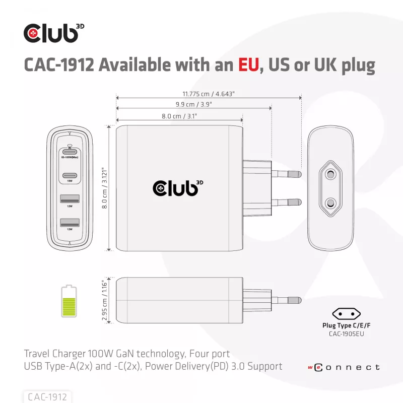 CLUB3D Travel Charger 100W technologia GaN, cztery porty USB Type-A (2x) i Type-C (2x), obsługa Power Delivery (PD) 3.0