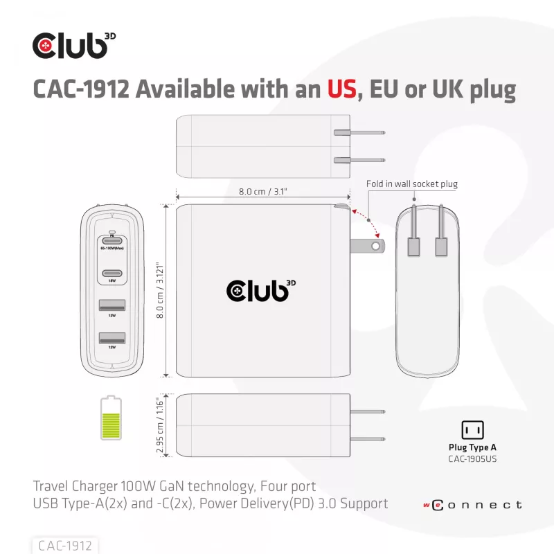 CLUB3D Travel Charger 100W technologia GaN, cztery porty USB Type-A (2x) i Type-C (2x), obsługa Power Delivery (PD) 3.0