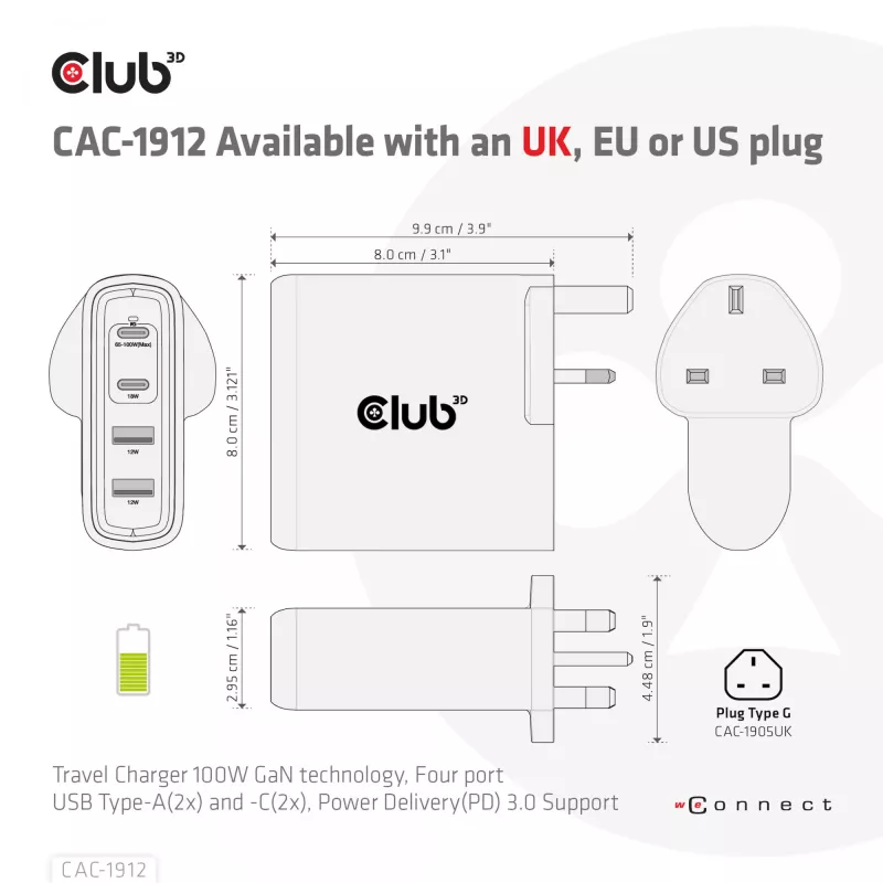CLUB3D Travel Charger 100W technologia GaN, cztery porty USB Type-A (2x) i Type-C (2x), obsługa Power Delivery (PD) 3.0