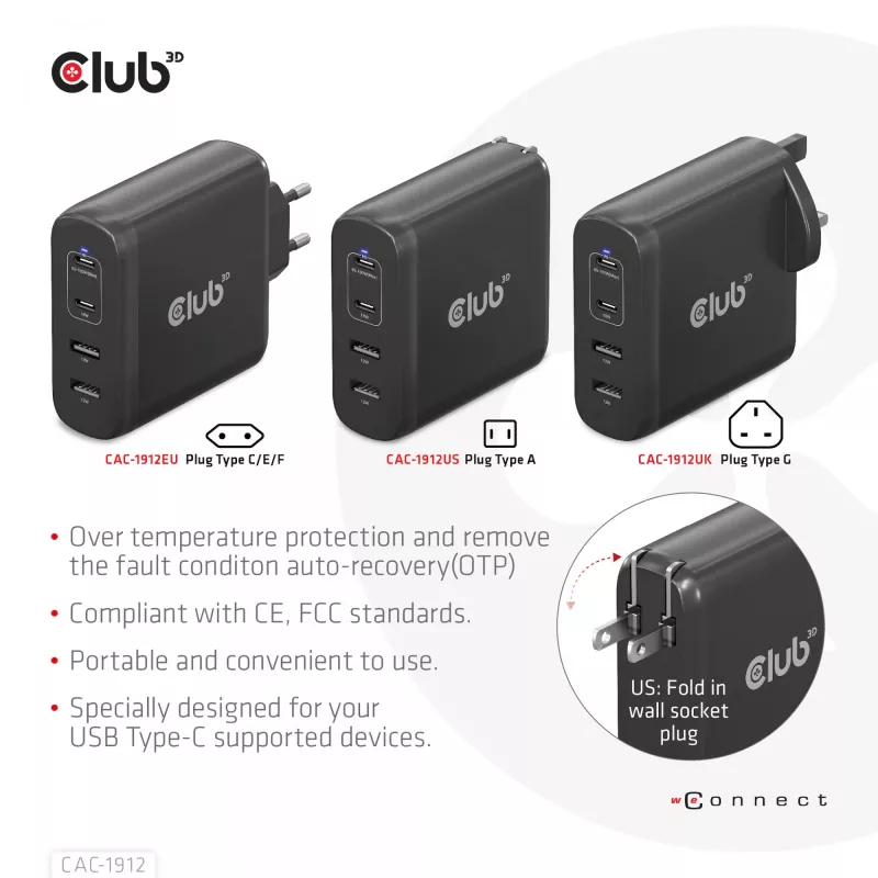 CLUB3D Travel Charger 100W technologia GaN, cztery porty USB Type-A (2x) i Type-C (2x), obsługa Power Delivery (PD) 3.0