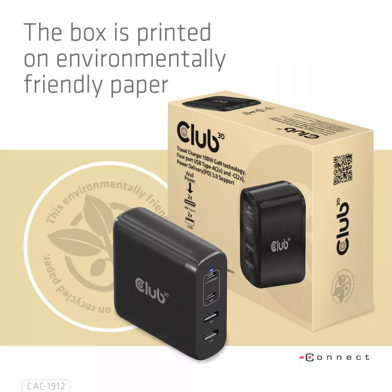 CLUB3D Travel Charger 100W technologia GaN, cztery porty USB Type-A (2x) i Type-C (2x), obsługa Power Delivery (PD) 3.0