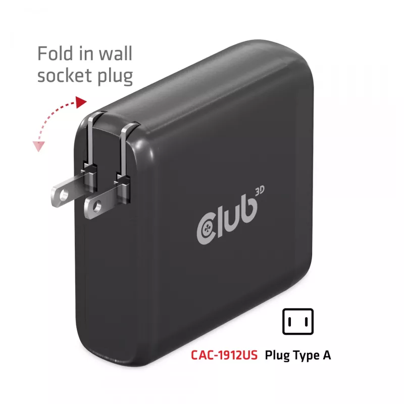 CLUB3D Travel Charger 100W technologia GaN, cztery porty USB Type-A (2x) i Type-C (2x), obsługa Power Delivery (PD) 3.0