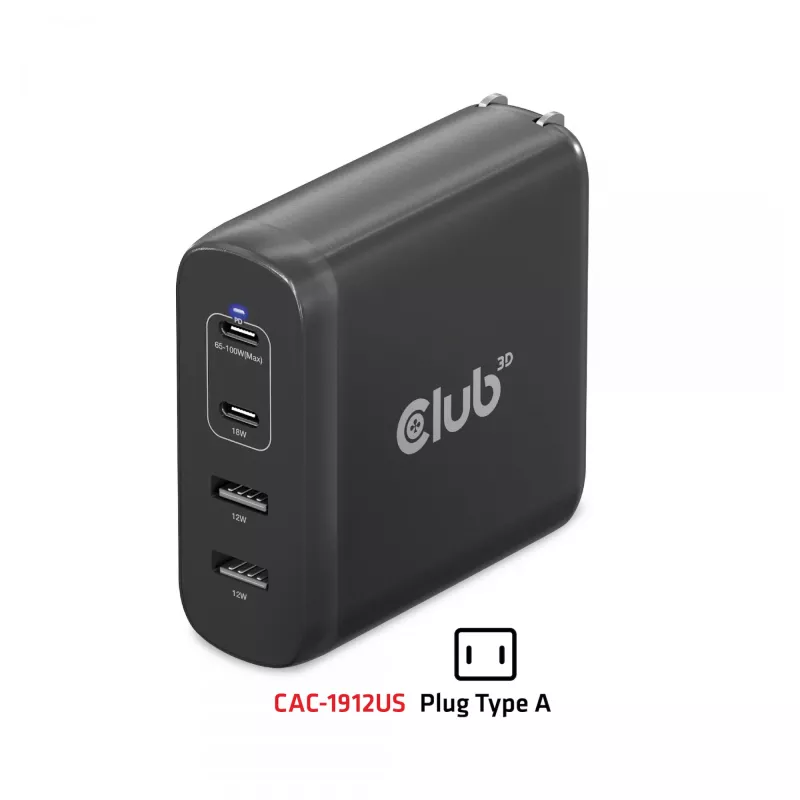 CLUB3D Travel Charger 100W technologia GaN, cztery porty USB Type-A (2x) i Type-C (2x), obsługa Power Delivery (PD) 3.0