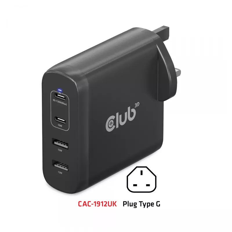 CLUB3D Travel Charger 100W technologia GaN, cztery porty USB Type-A (2x) i Type-C (2x), obsługa Power Delivery (PD) 3.0