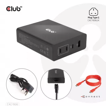 CLUB3D Ładowarka podróżna 132W, technologia GaN, cztery porty USB Type-A i -C, obsługa Power Delivery (PD) 3.0