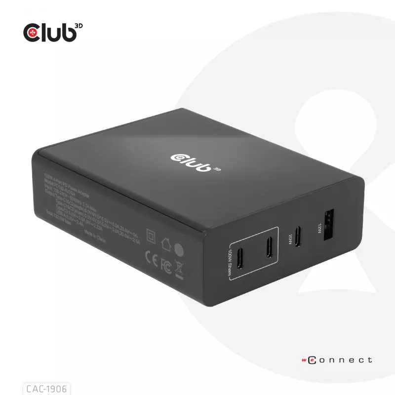 CLUB3D Ładowarka podróżna 132W, technologia GaN, cztery porty USB Type-A i -C, obsługa Power Delivery (PD) 3.0