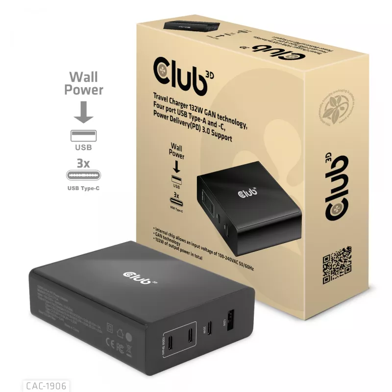 CLUB3D Ładowarka podróżna 132W, technologia GaN, cztery porty USB Type-A i -C, obsługa Power Delivery (PD) 3.0