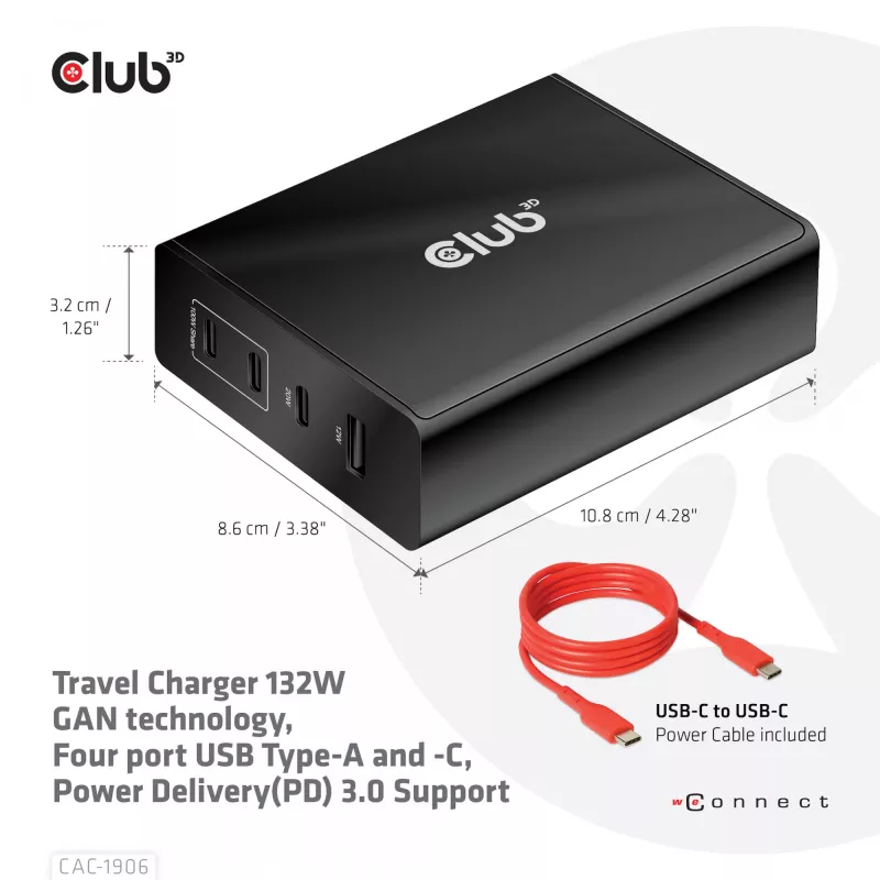 CLUB3D Ładowarka podróżna 132W, technologia GaN, cztery porty USB Type-A i -C, obsługa Power Delivery (PD) 3.0