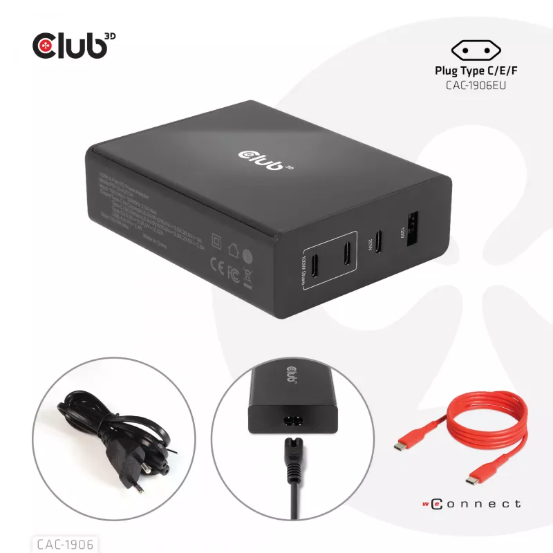 CLUB3D Ładowarka podróżna 132W, technologia GaN, cztery porty USB Type-A i -C, obsługa Power Delivery (PD) 3.0