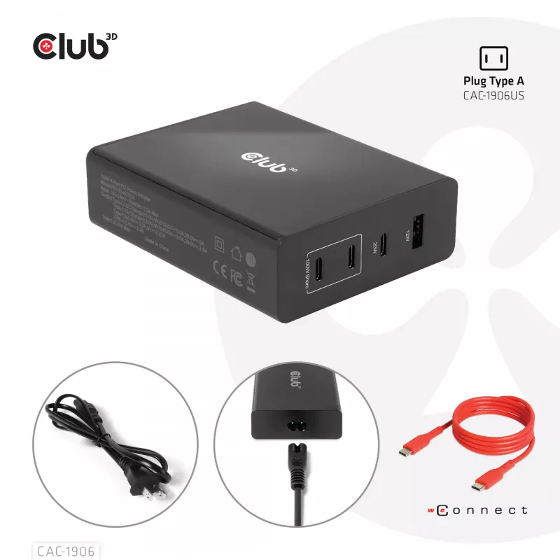 CLUB3D Ładowarka podróżna 132W, technologia GaN, cztery porty USB Type-A i -C, obsługa Power Delivery (PD) 3.0