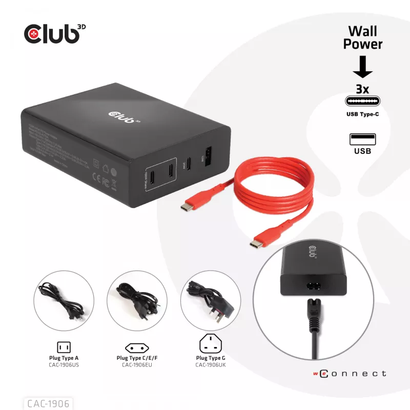 CLUB3D Ładowarka podróżna 132W, technologia GaN, cztery porty USB Type-A i -C, obsługa Power Delivery (PD) 3.0