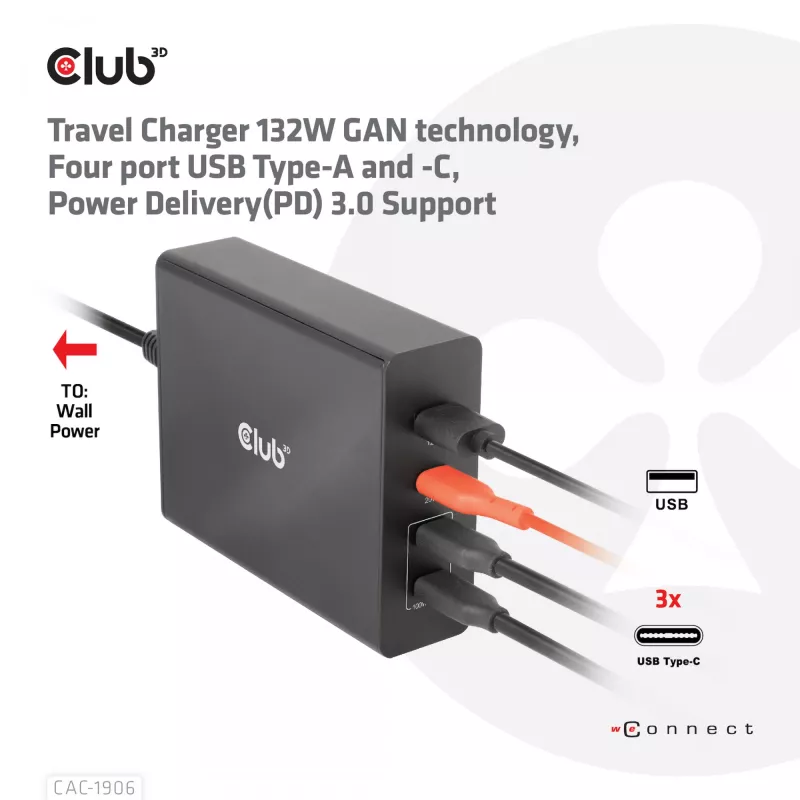 CLUB3D Ładowarka podróżna 132W, technologia GaN, cztery porty USB Type-A i -C, obsługa Power Delivery (PD) 3.0