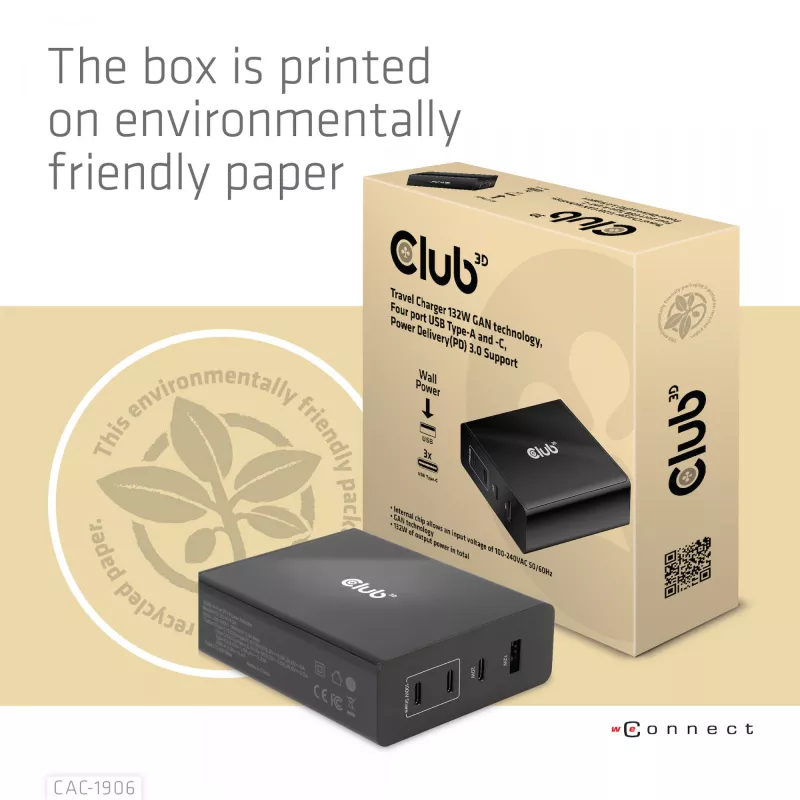 CLUB3D Ładowarka podróżna 132W, technologia GaN, cztery porty USB Type-A i -C, obsługa Power Delivery (PD) 3.0