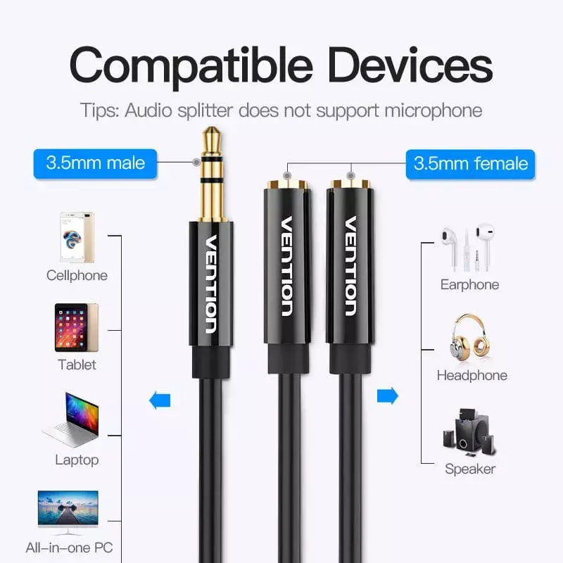 Vention 3.5mm męski do 2*3.5mm żeńskich stereo kabel rozdzielający 0,3M czarny ABS