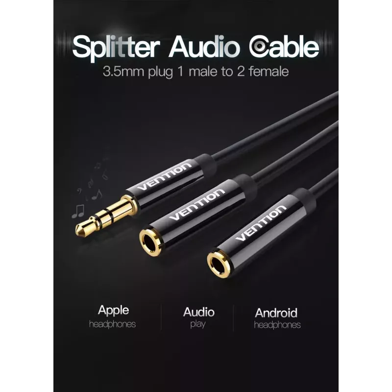 Vention 3.5mm męski do 2*3.5mm żeńskich stereo kabel rozdzielający 0,3M czarny ABS