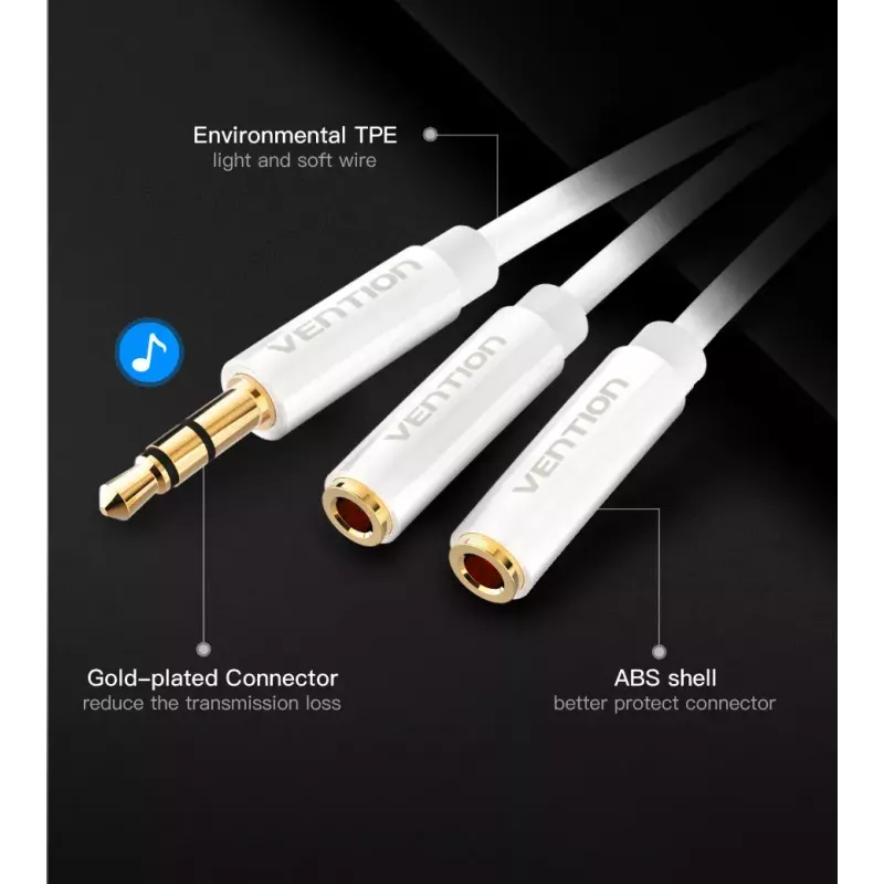 Vention 3.5mm męski do 2*3.5mm żeńskich stereo kabel rozdzielający 0,3M czarny ABS