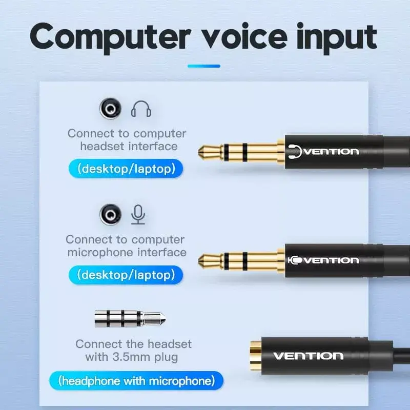 adapter kablowy audio Vention 2×3,5 mm męski do 4‑biegunowego 3,5 mm żeńskiego, 0,3 m, czarny