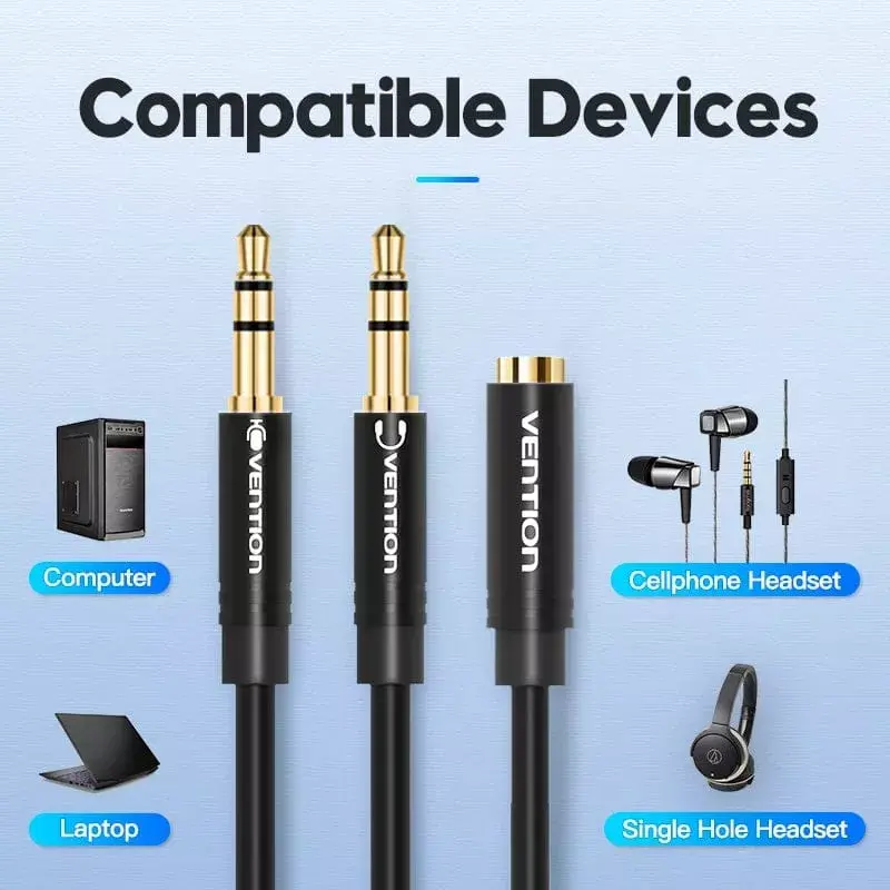 adapter kablowy audio Vention 2×3,5 mm męski do 4‑biegunowego 3,5 mm żeńskiego, 0,3 m, czarny