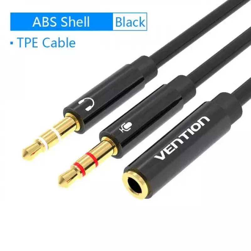 adapter kablowy audio Vention 2×3,5 mm męski do 4‑biegunowego 3,5 mm żeńskiego, 0,3 m, czarny