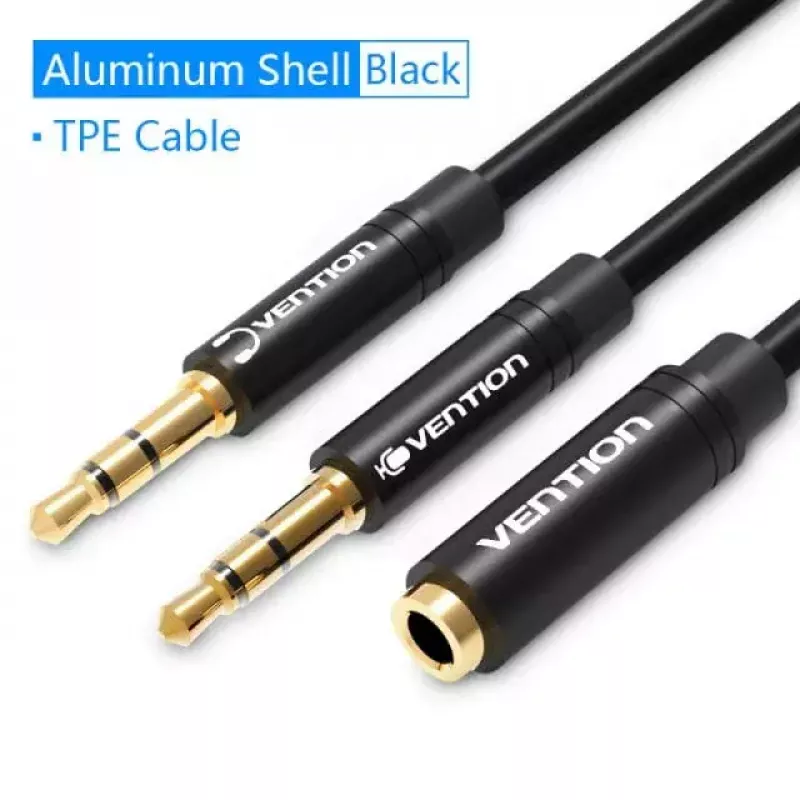 adapter kablowy audio Vention 2×3,5 mm męski do 4‑biegunowego 3,5 mm żeńskiego, 0,3 m, czarny