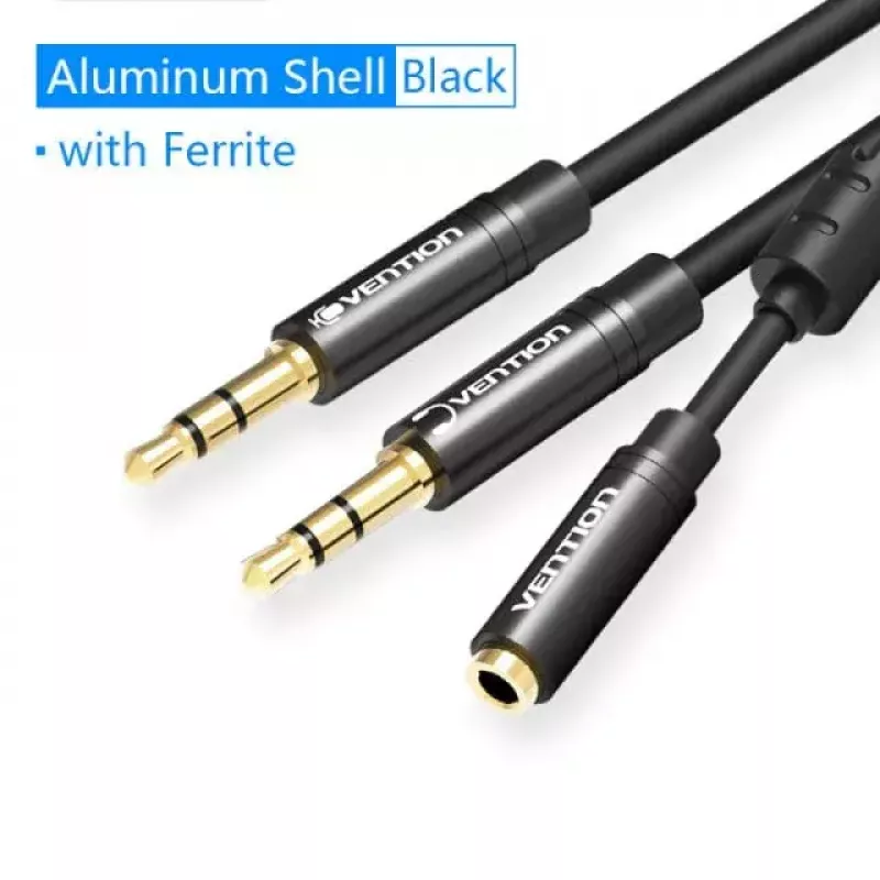 adapter kablowy audio Vention 2×3,5 mm męski do 4‑biegunowego 3,5 mm żeńskiego, 0,3 m, czarny