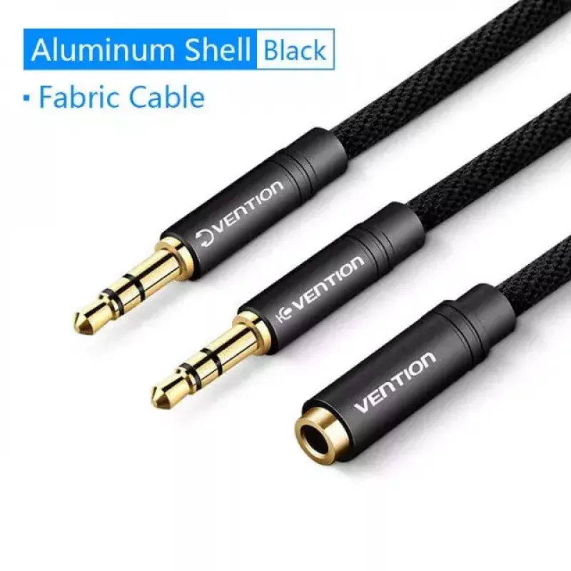 adapter kablowy audio Vention 2×3,5 mm męski do 4‑biegunowego 3,5 mm żeńskiego, 0,3 m, czarny
