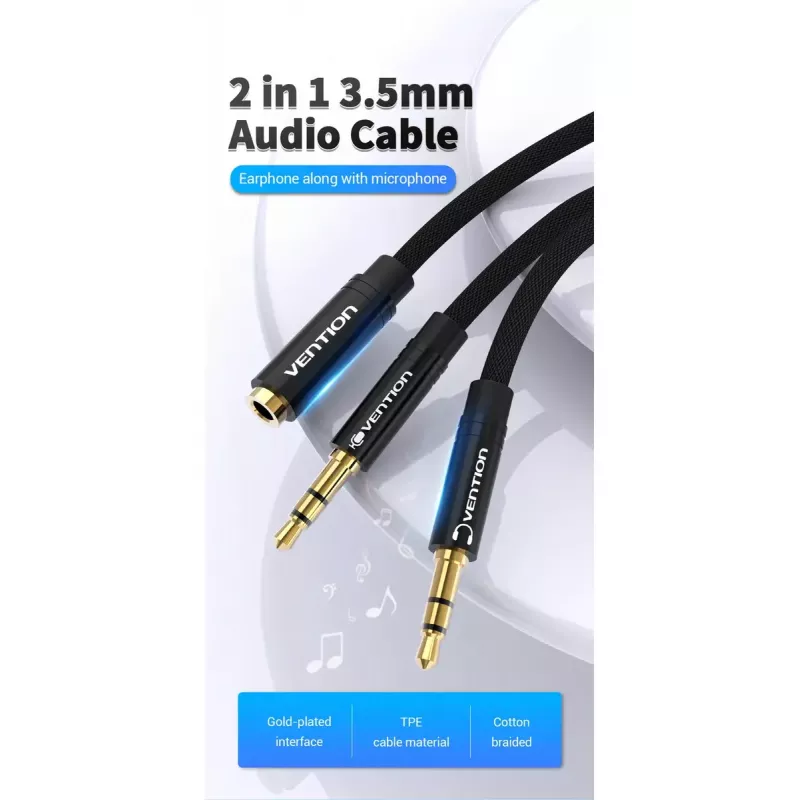 adapter kablowy audio Vention 2×3,5 mm męski do 4‑biegunowego 3,5 mm żeńskiego, 0,3 m, czarny