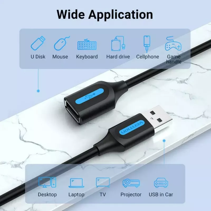 Vention USB 2.0 A Męski do A Żeński Przedłużacz 2M czarny PVC