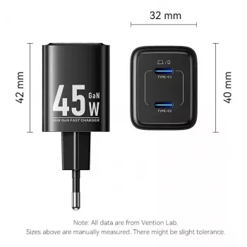 Vention FEFW0-EU AC szybka ładowarka wewnętrzna 45W, 2x USB-C, kompatybilna ze smartfonem laptopem tabletem smartwatchem słuchawkami, biała
