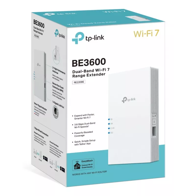 Rozszerzacz zasięgu bezprzewodowego TP-Link RE220BE — dwuzakresowy 2,4/5 GHz, 802.11ac, 2 anteny zewnętrzne, zasilanie 100–240 V