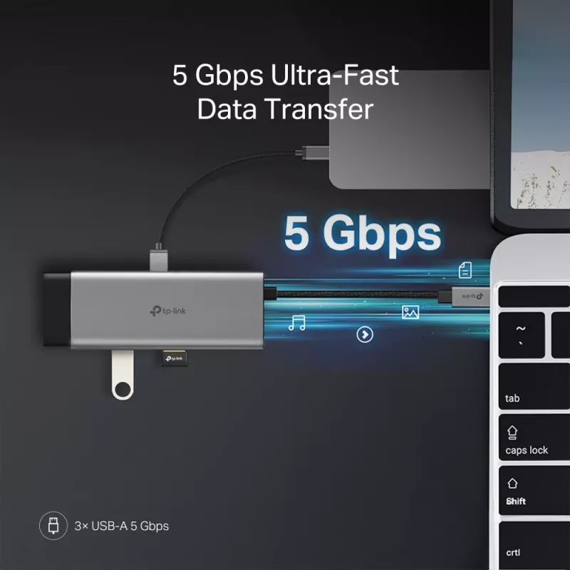 Hub USB typu C TP-Link UH7021C — HDMI, USB 3.2 Gen1, USB 2.0, SD/microSD, 5000 Mbit/s, aluminium, czarny