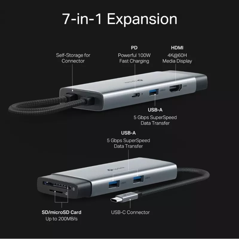Hub USB typu C TP-Link UH7021C — HDMI, USB 3.2 Gen1, USB 2.0, SD/microSD, 5000 Mbit/s, aluminium, czarny